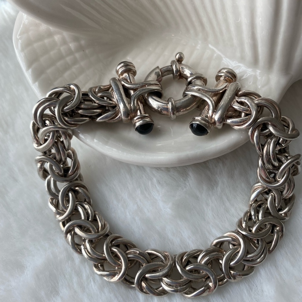 Sterling Silver Byzantine bracelet with black onyx end caps